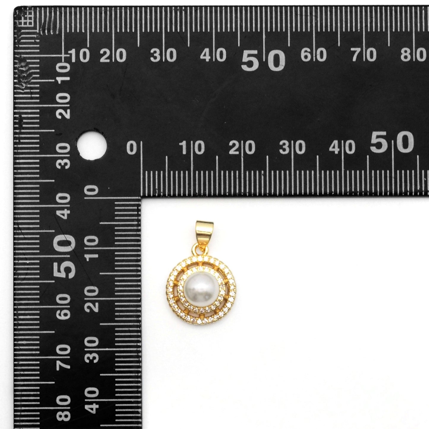 Clear CZ Gold White Pearl Round Charm, Sku#LK818