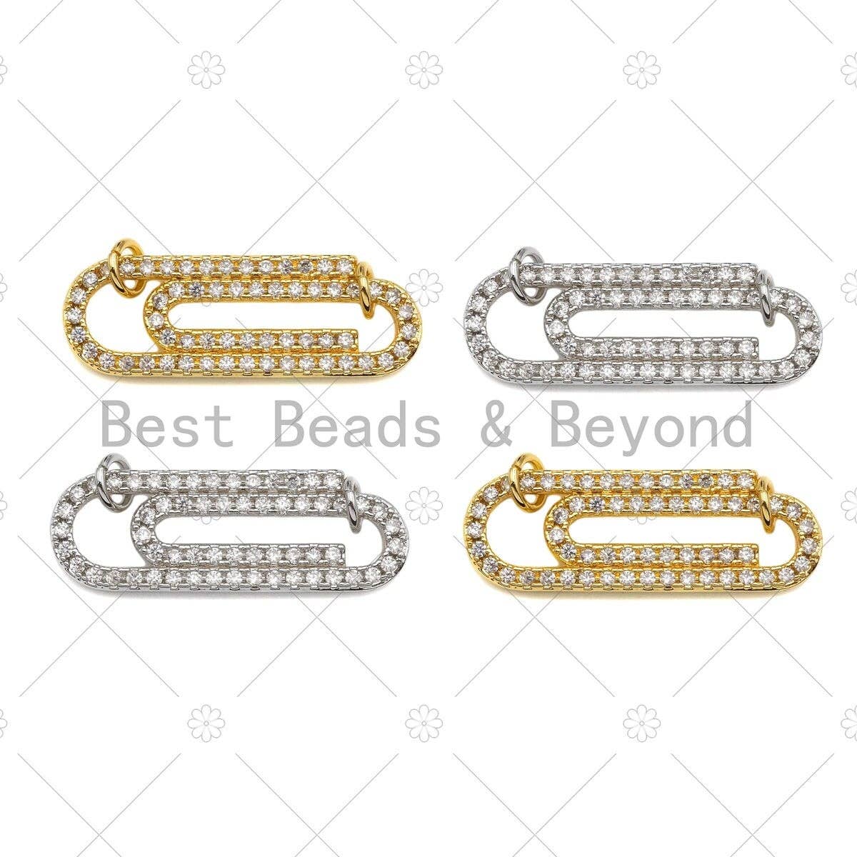 CZ Micro Pave Paper Clip Charm,Cubic Zirconia Silver/Gold Connector, Necklace Bracelet Charm Pendant, 12x35mm, Sku#L553