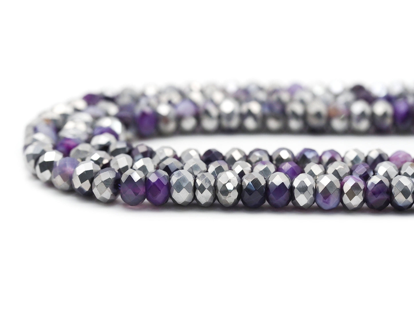 Half Silver Plated Natural Purple Banded Agate Rondelle Faceted Beads, Sku#UA272