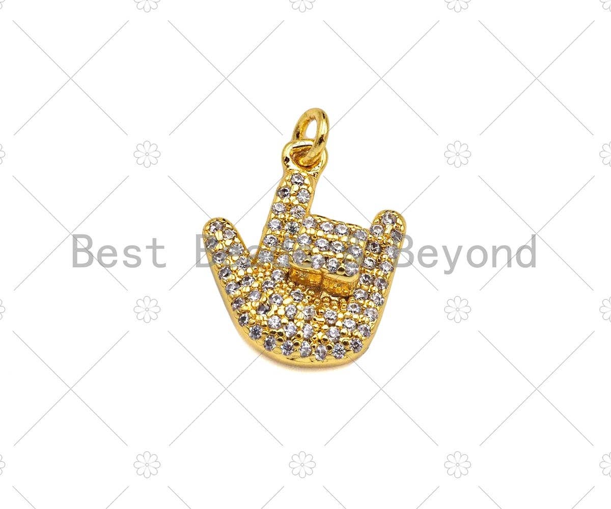 CZ Micro Pave Love You Gesture Shape Pendant,18k Gold Charm, Necklace Bracelet Charm Pendant, 15x13mm,Sku#JL48