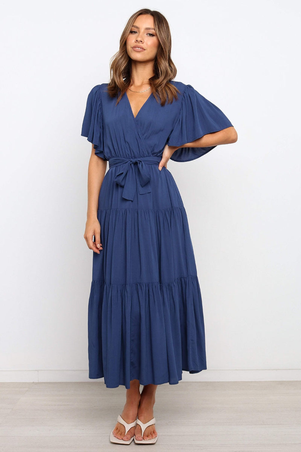 Front Tie Short Sleeve Tiered Midi Dress