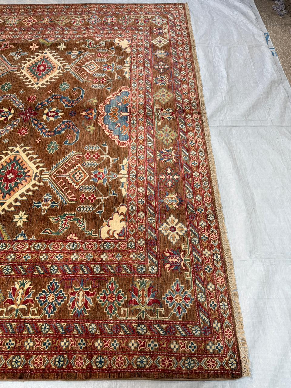 Hand-Knotted Vegetable Dye Kazak Rug from Pakistan,  9' 3" x 12'