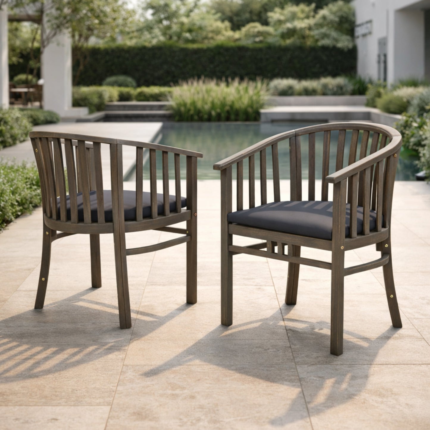 Outdoor Wooden Dining Chairs With Cushions, Set of 2, Dark