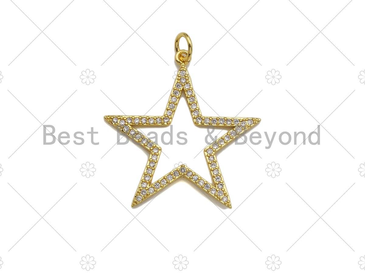 Gold Five Point Star Shape Pendant,  Frame Star Charm, Pave Star Pendant, Gold plated, 27mm, Sku#LK81
