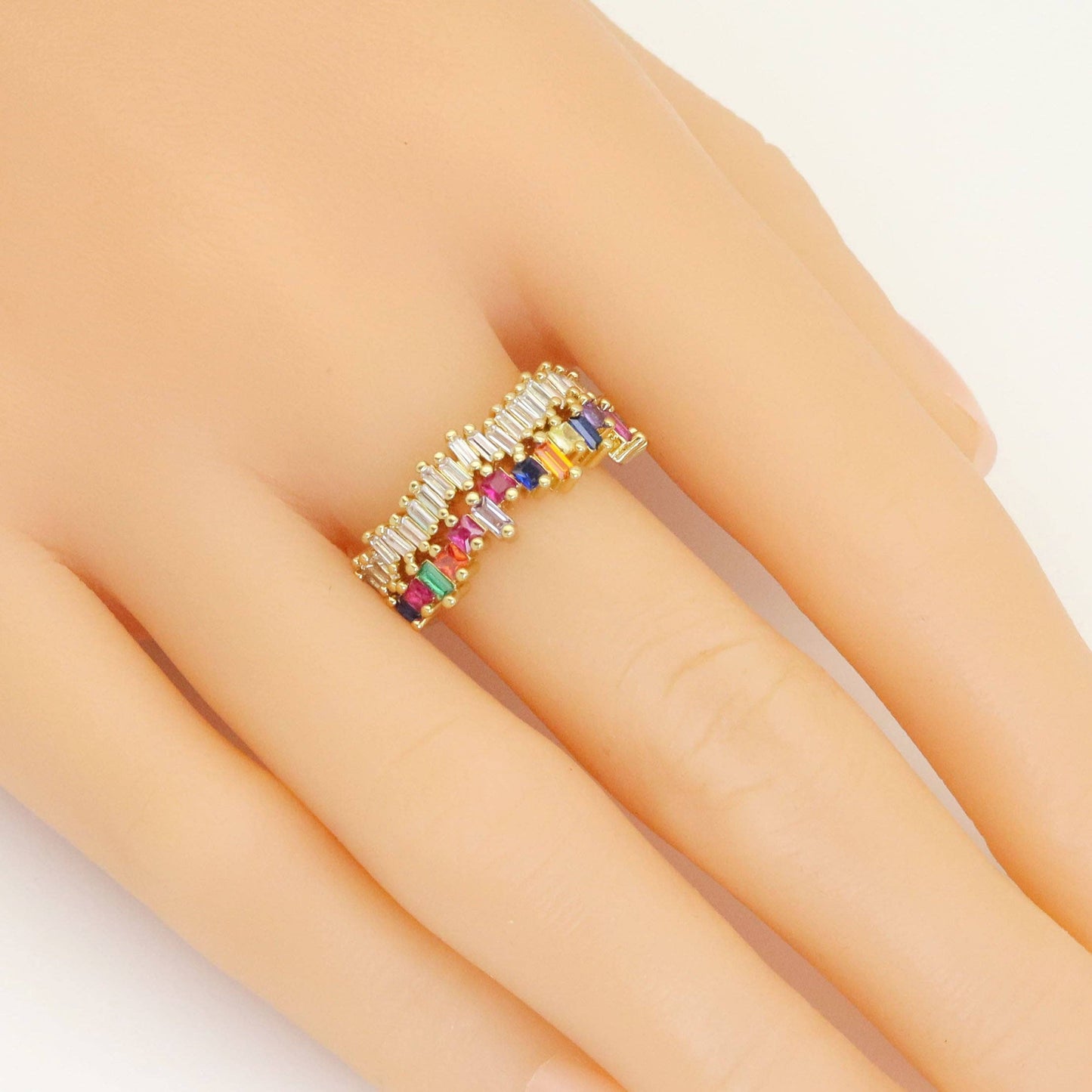 Double Line Baguette CZ Gold Adjustable Ring, Sku#LX501