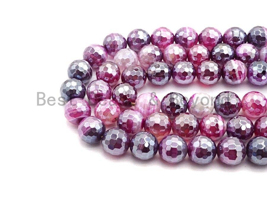 Mystic Plated Fuchsia Pink Faceted Agate Beads,6mm/8mm/10mm/12mm, Plated Fuchsia Agate Beads,15.5" Full Strand, SKU#U440