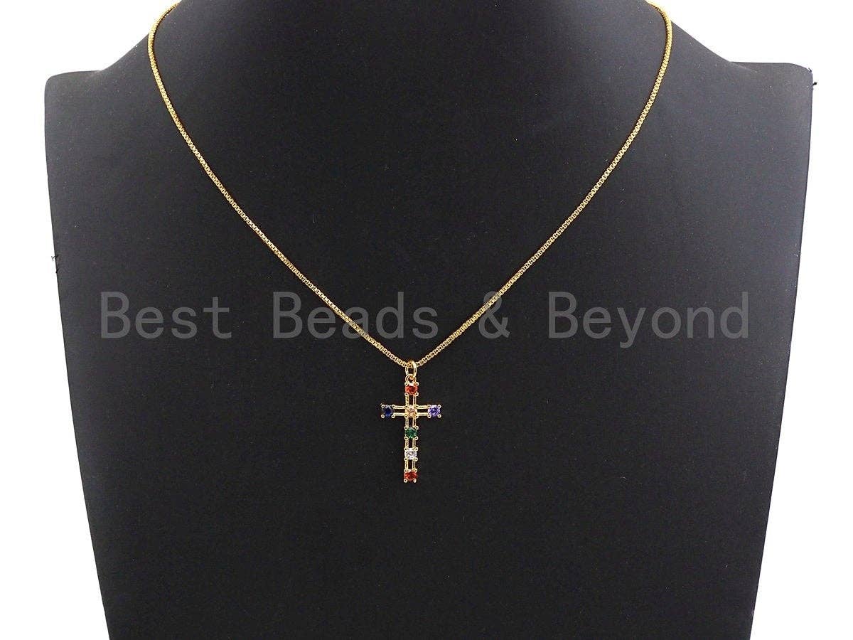 Colorful CZ Micro Pave Cross Pendant, Cz Pave Bracelet Necklace Pendant in Gold Finish,27x15mm, sku#F906
