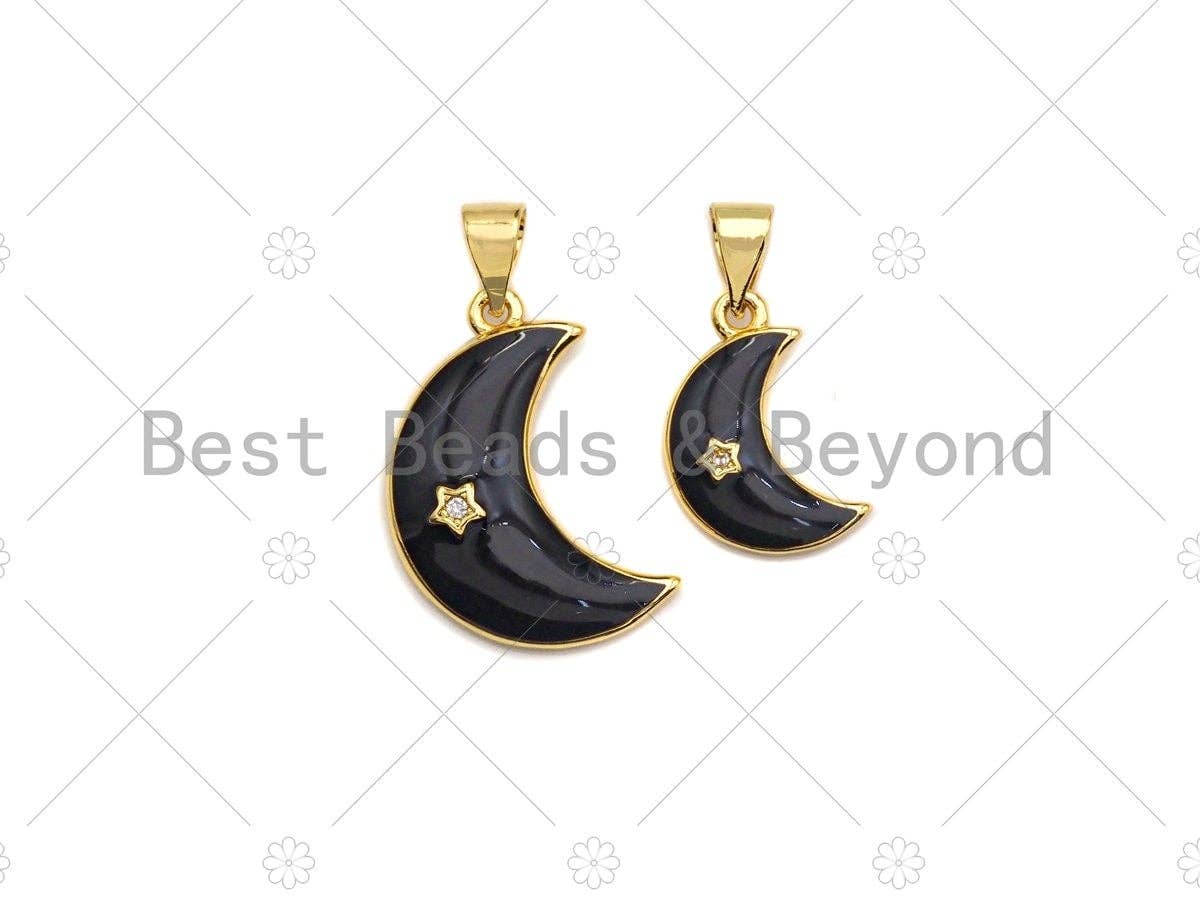 18K Gold CZ Micro Pave Enamel Moon with Star Charm, Black/White/Red/Blue Moon Charm, 10x16mm/14x21mm, sku#LK36
