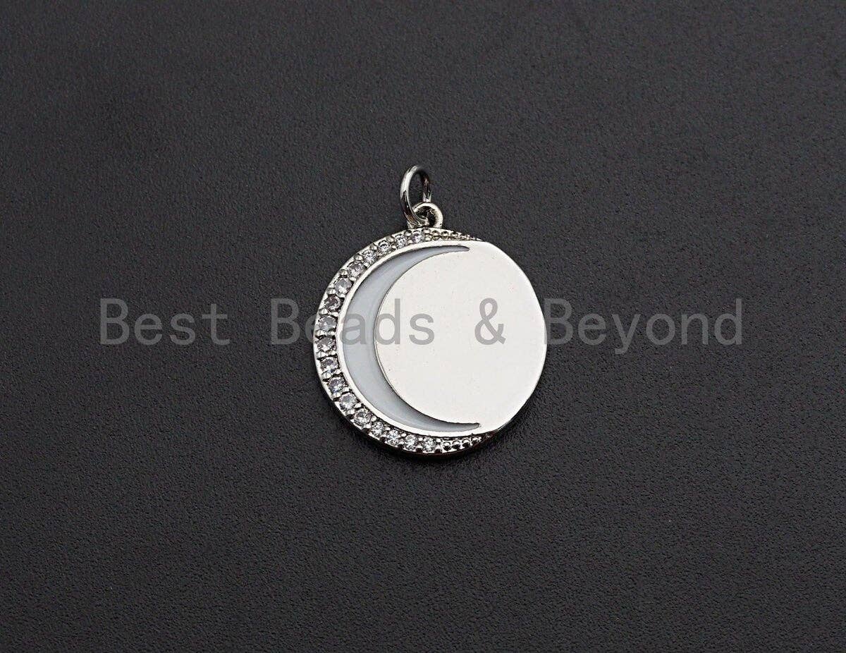 Enamel Crescent Moon Round Coin Pendant,CZ Micro Pave Oil Drop pendant, Enamel pendant,Enamel Jewelry,18x21mm,sku#F1036