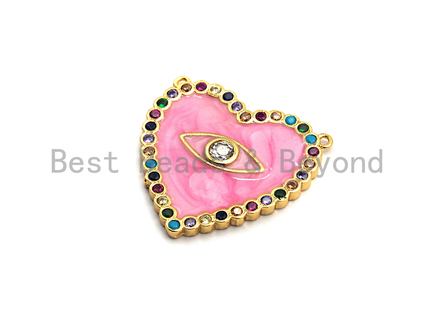 CZ Colorful Micro Pave Enamel Heart With Evil Eye Pendant, Pink Heart ,Heart Shaped Pave Pendant, Gold plated, 26x27mm, Sku#F852