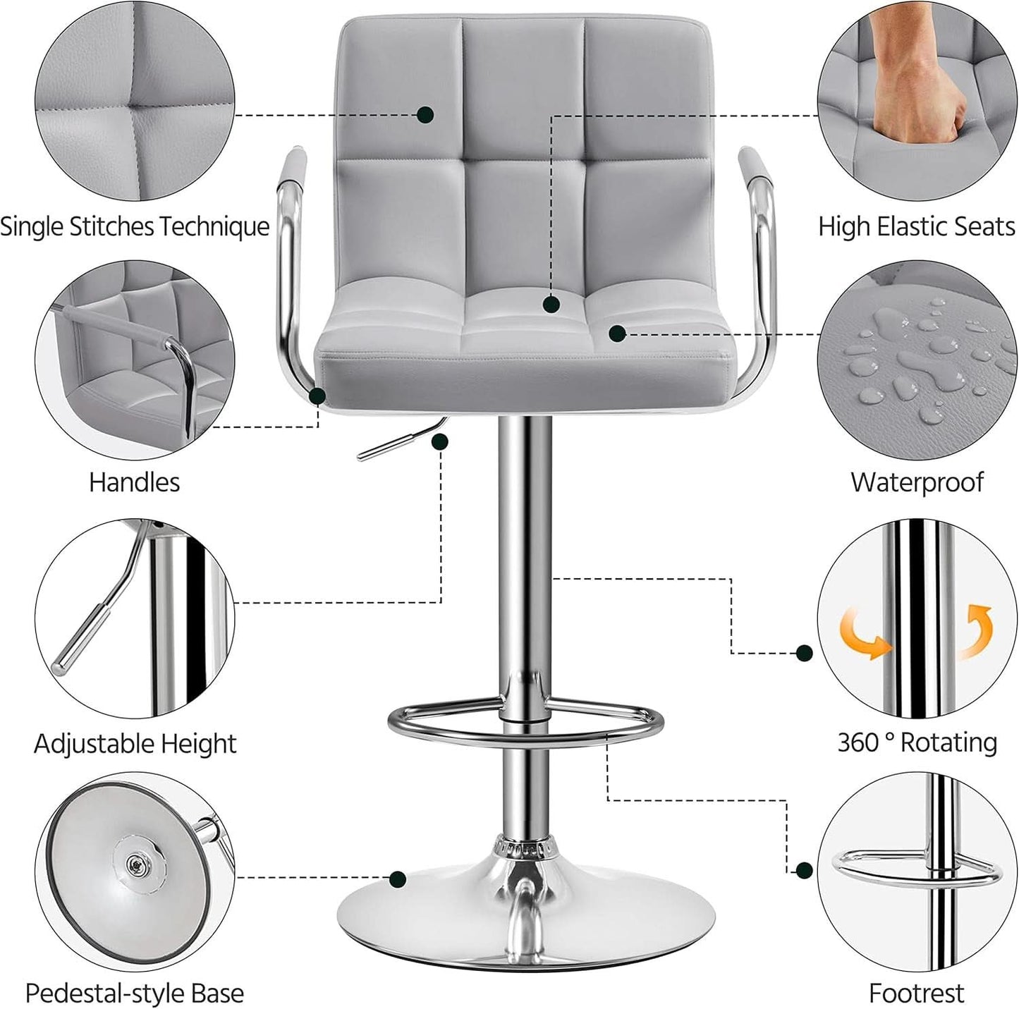 Light Grey Adjustable Swivel Bar Stools With Backrest, PU Leather, Set Of 2