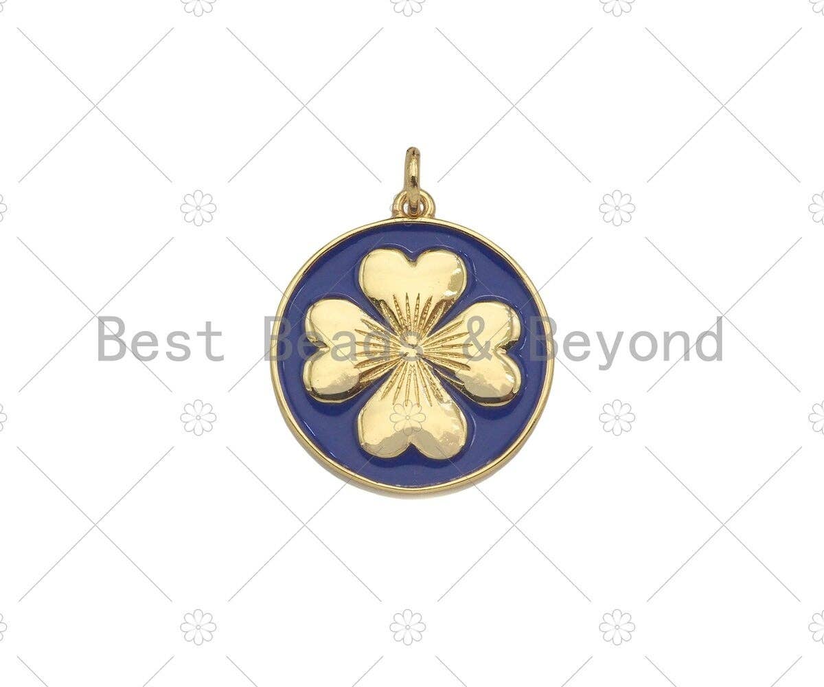 Gold Filled Clover On Colorful Enamel Round Coin Shape Pendant, Shamrock charm, Sku#L570