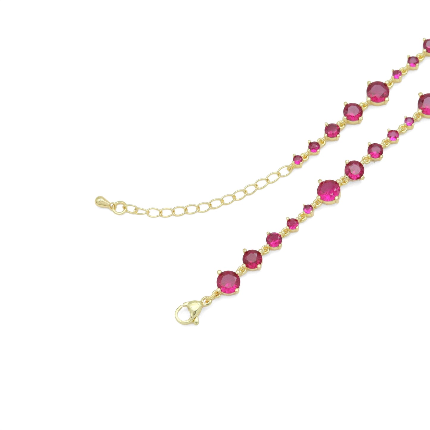 Gold Fichsia Pink Dot CZ Link Chain Necklace, Sku#A351