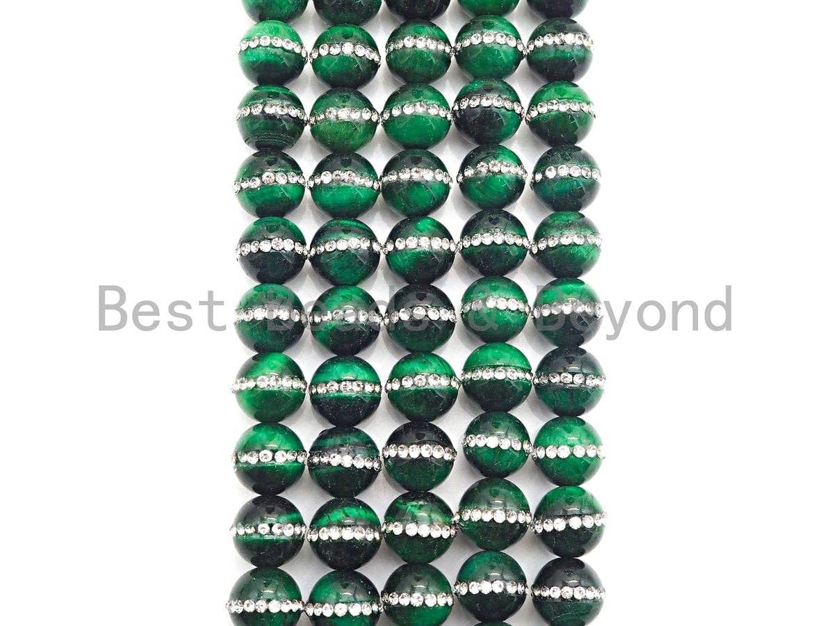 High Quality Green Tiger Eye with Rhinestone Inlaid, 6mm/8mm/10mm/12mm/14mm, Tiger eye Beads, 15.5'' Full strand, SKU#V52