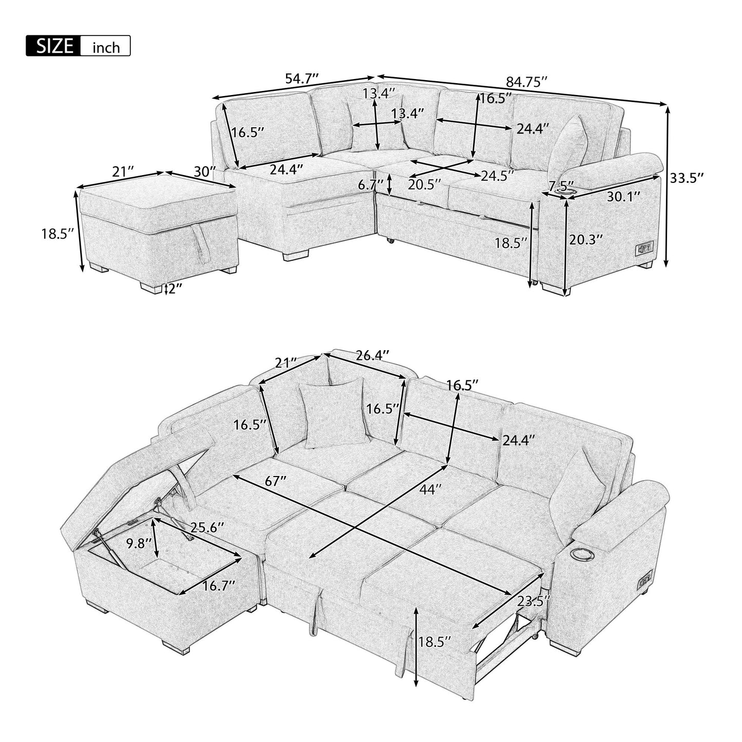 84.75" Sleeper Sofa Bed with Storage Ottoman