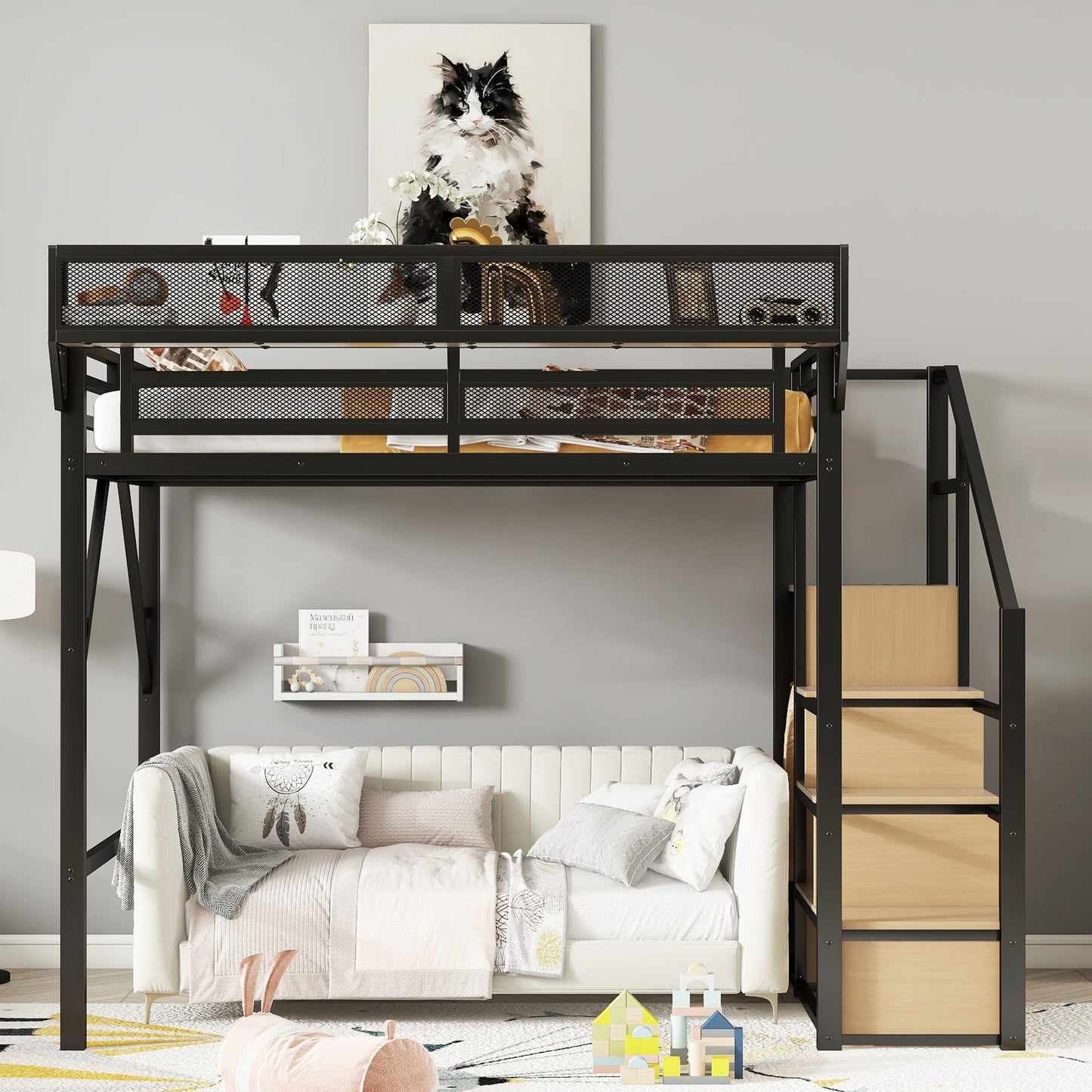 Full Size Loft Bed with Stairs and Storage Shelves