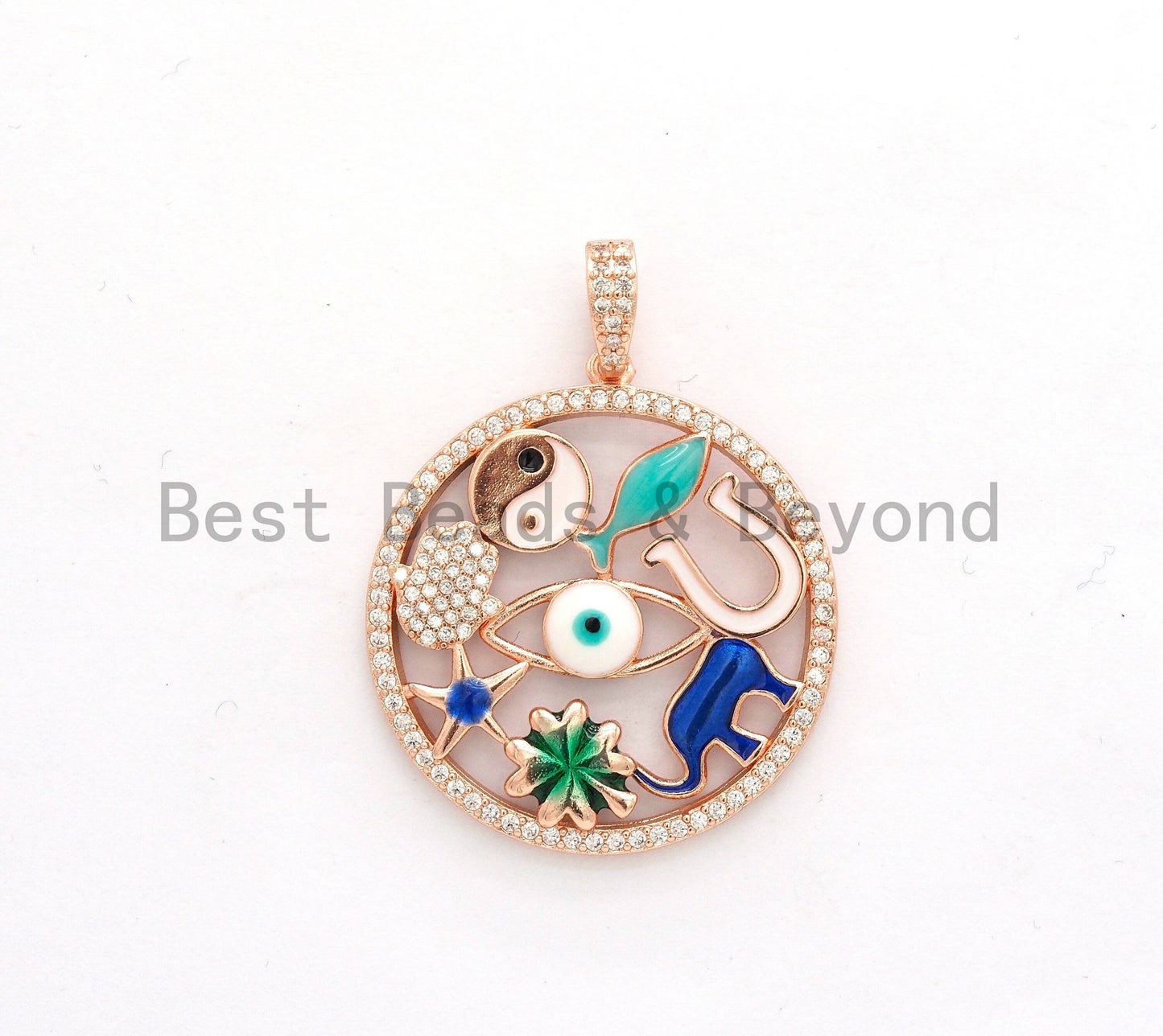 LARGE Enamel Round Artisan Pendant,Clear CZ Micro Pave Oil Drop Round Protection pendant,Enamel pendant,Enamel Jewelry,32x34mm,sku#F594