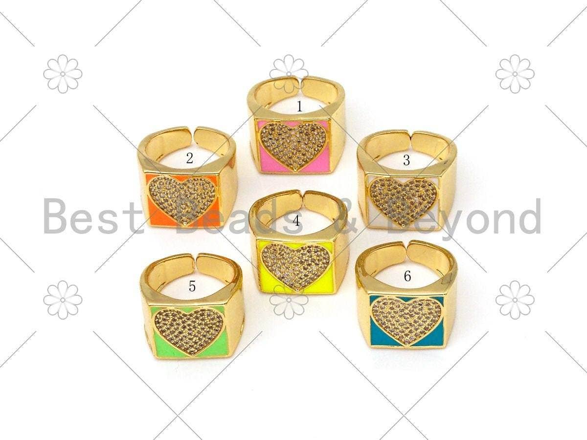 Colorful Enamel CZ Heart Adjustable Ring, Sku#O63