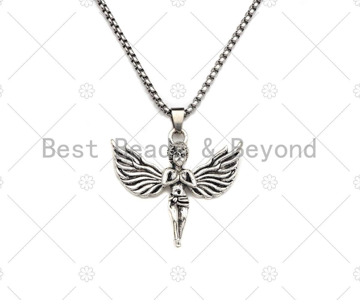 Protecion Angel Pendant Stainless Steel Necklace-Men's Necklace - Symbolic Jewelry - Silver Chain Pendant Necklace, sku#L345