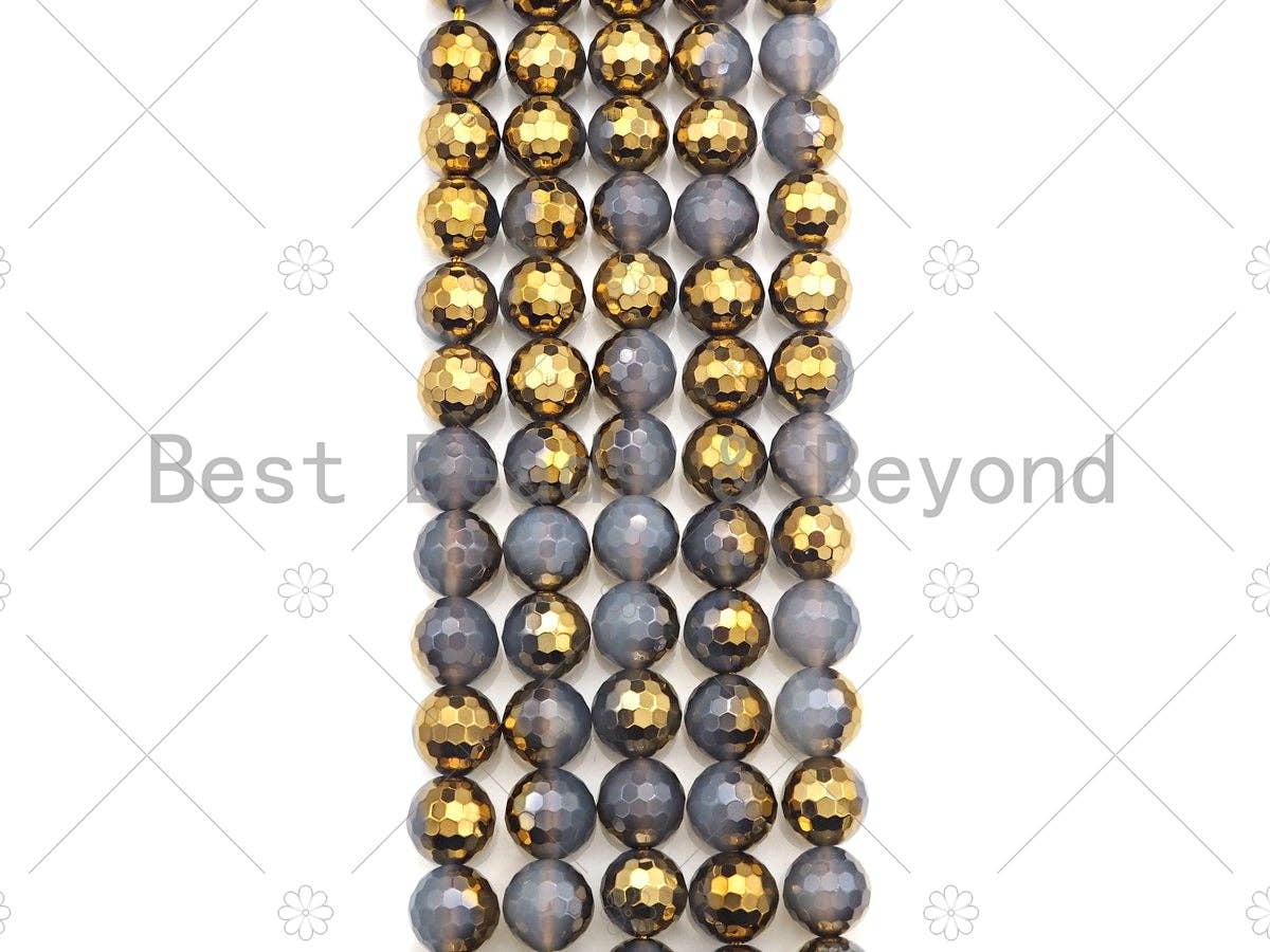 Natural Half Gold Plated Gray Agate Beads, 10mm/12mm Gold Grey Gemstone beads, 15.5" Full Strand, sku#UA99