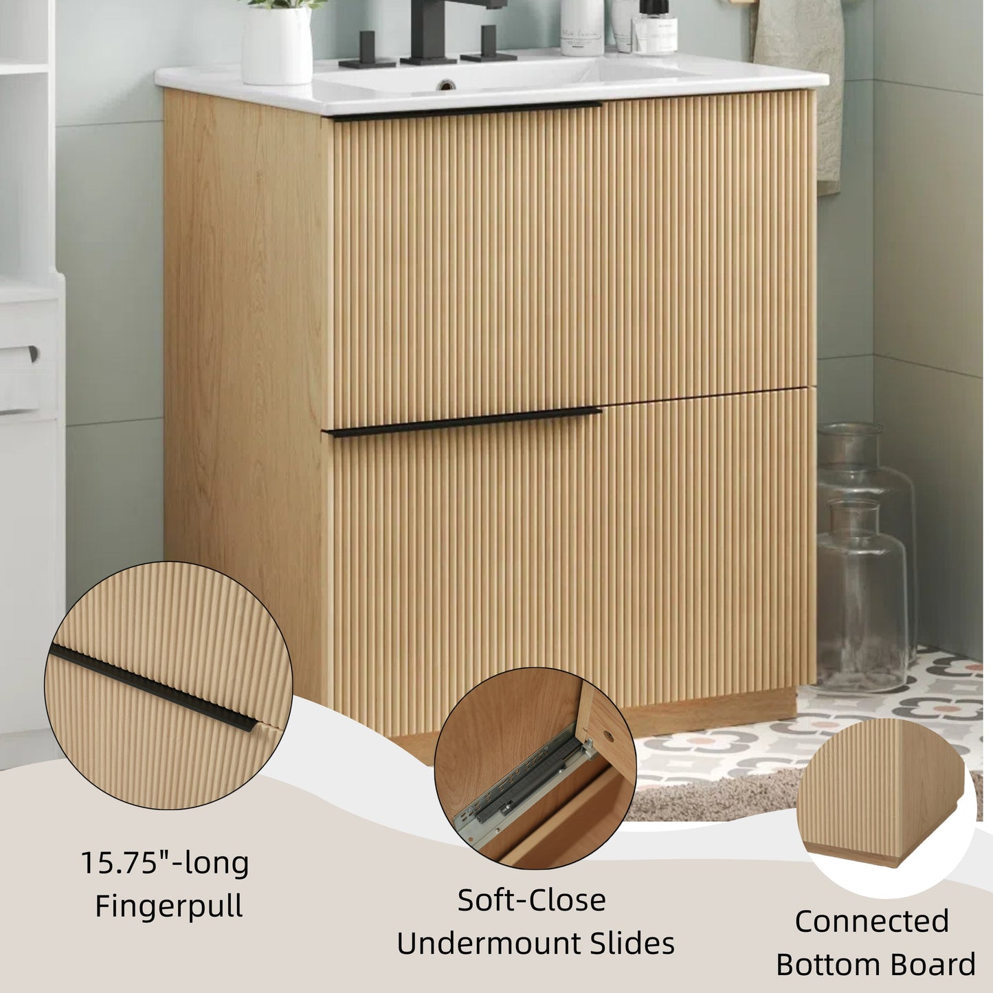 30" Bathroom Vanity with Ceramic Sink and Full-Extension Drawers