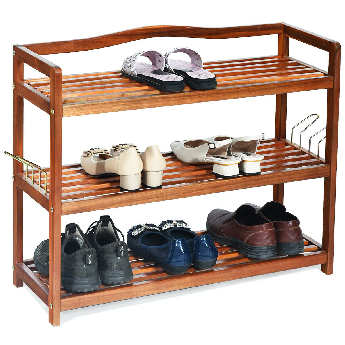 2-Tier Acacia Wood Shoe Rack with 4 Side Metal Hooks