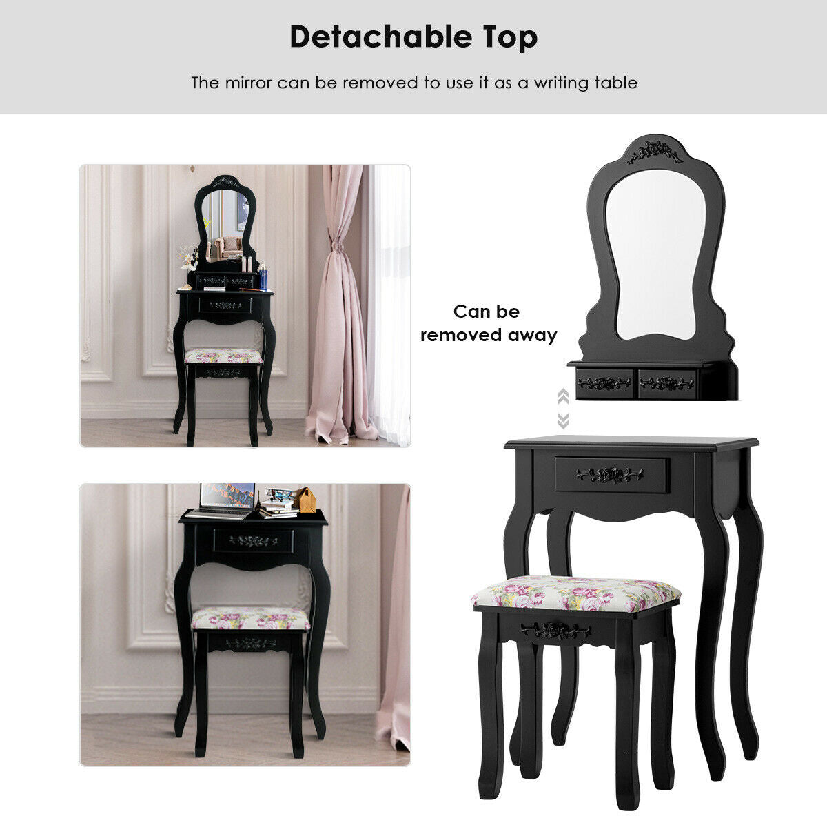 Makeup Dressing Table and Bench 3 Drawers and Cushioned Stool for Girls