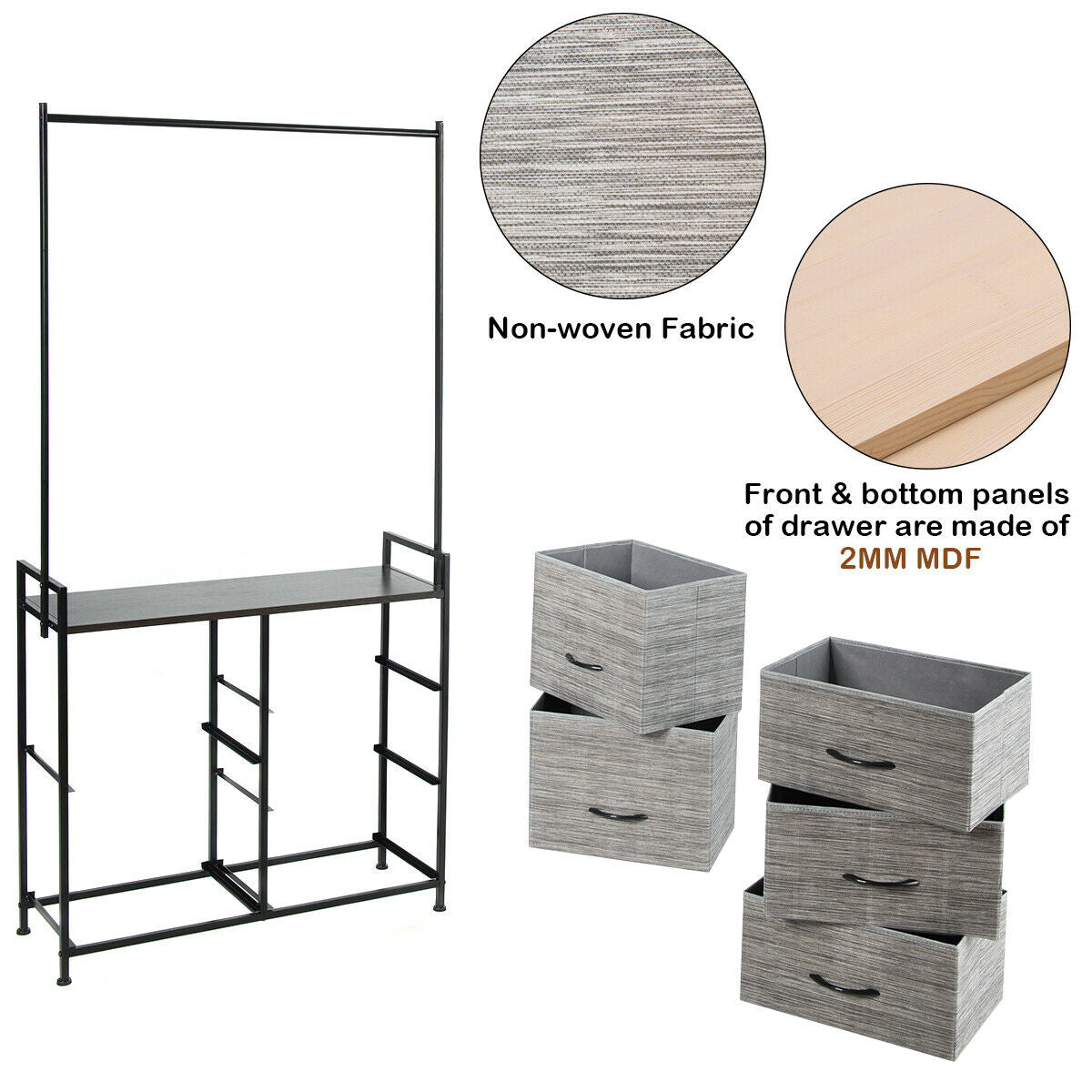 5 Fabric Drawers Dresser with Metal Frame and Wooden Top