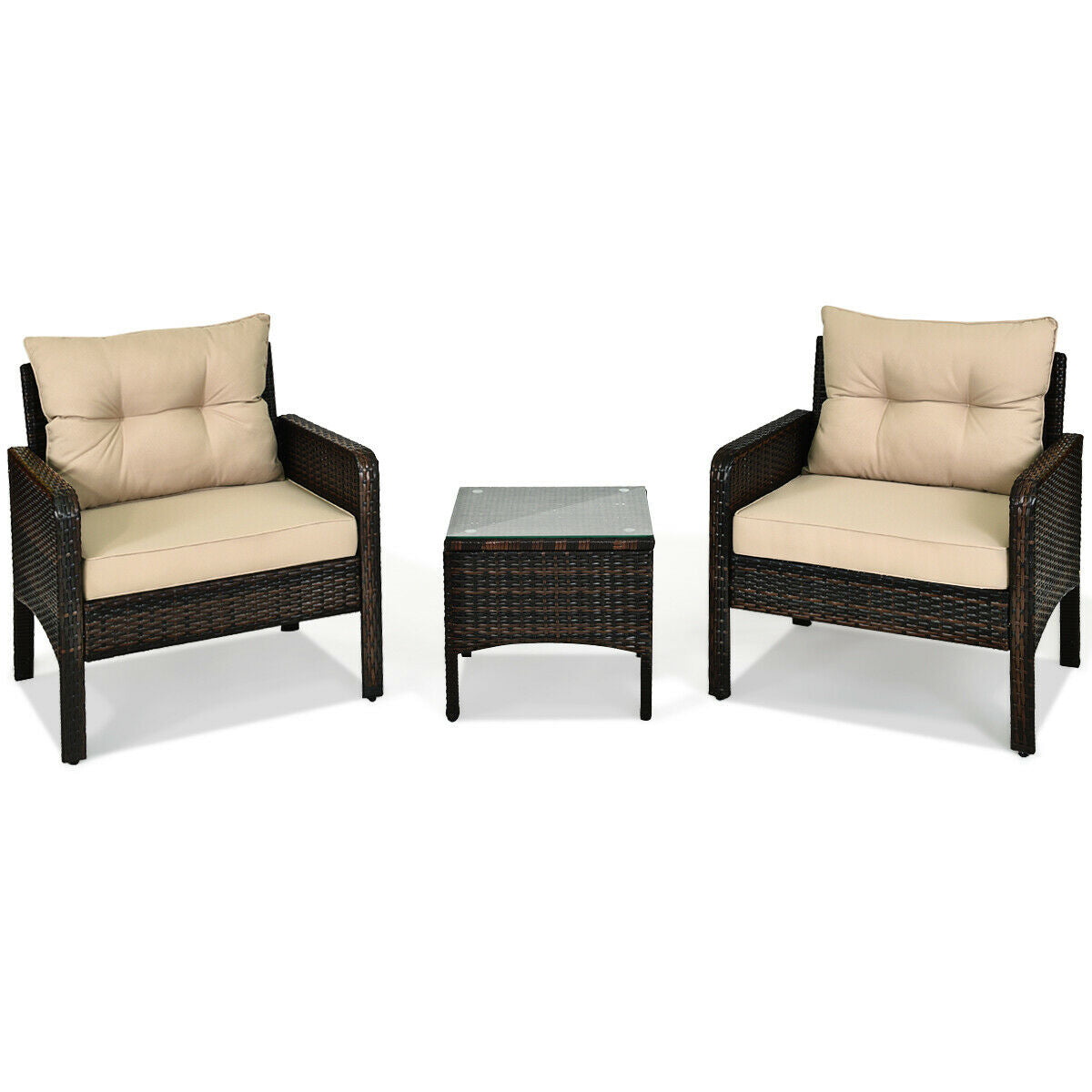 3 Pcs Outdoor Patio Rattan Conversation Set with Seat Cushions-Black