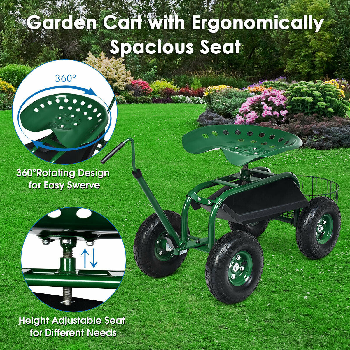 Extendable Handle Garden Cart Rolling Wagon Scooter