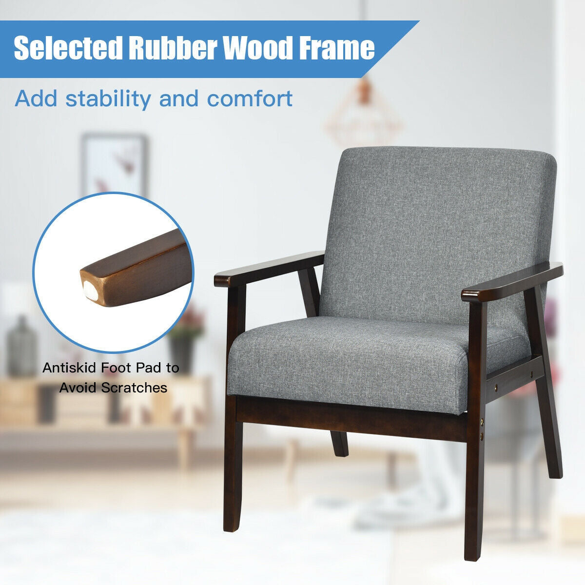 Solid Rubber Wood Fabric Accent Armchair