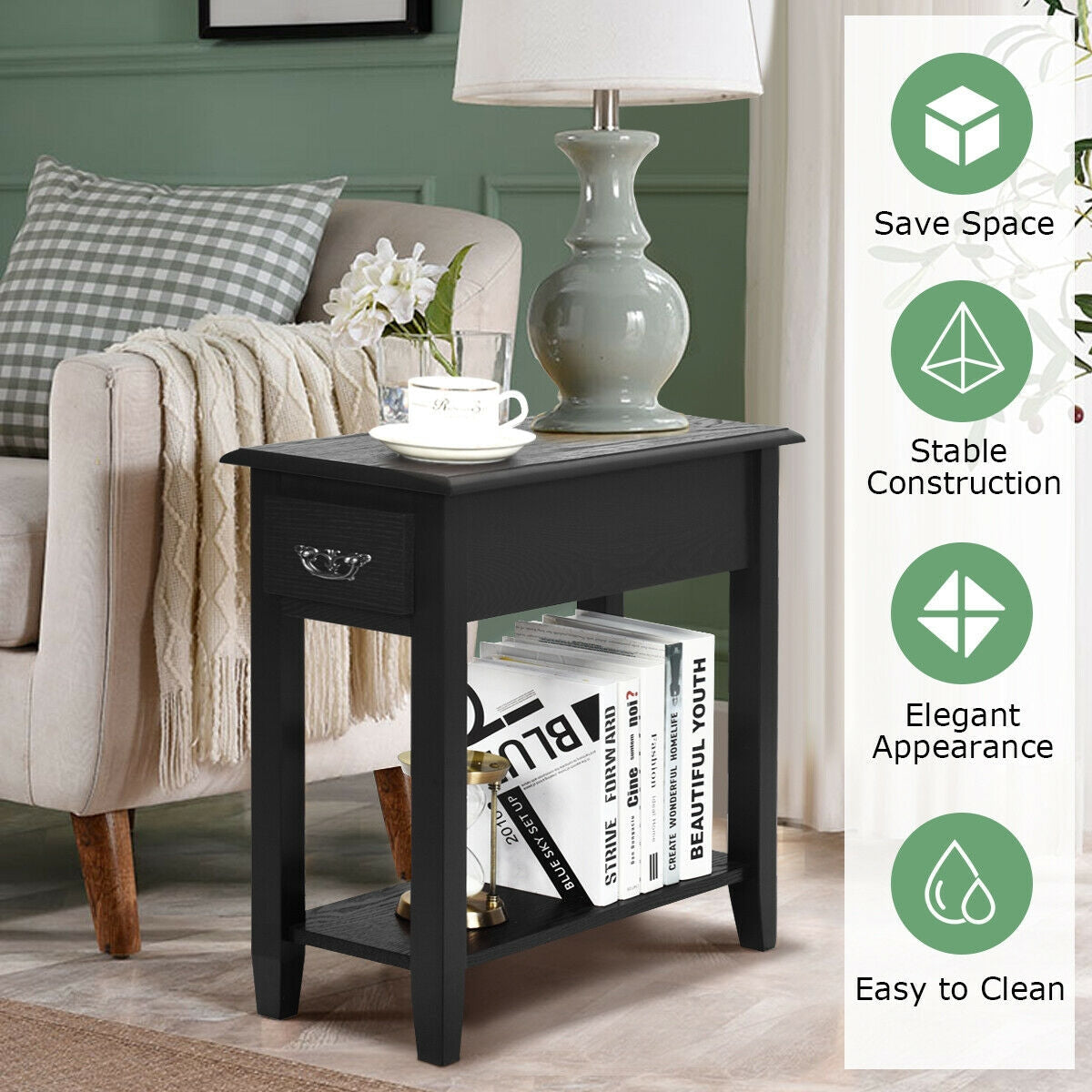 End Table Bedside Sofa End Table Narrow Nightstand with Wooden Legs