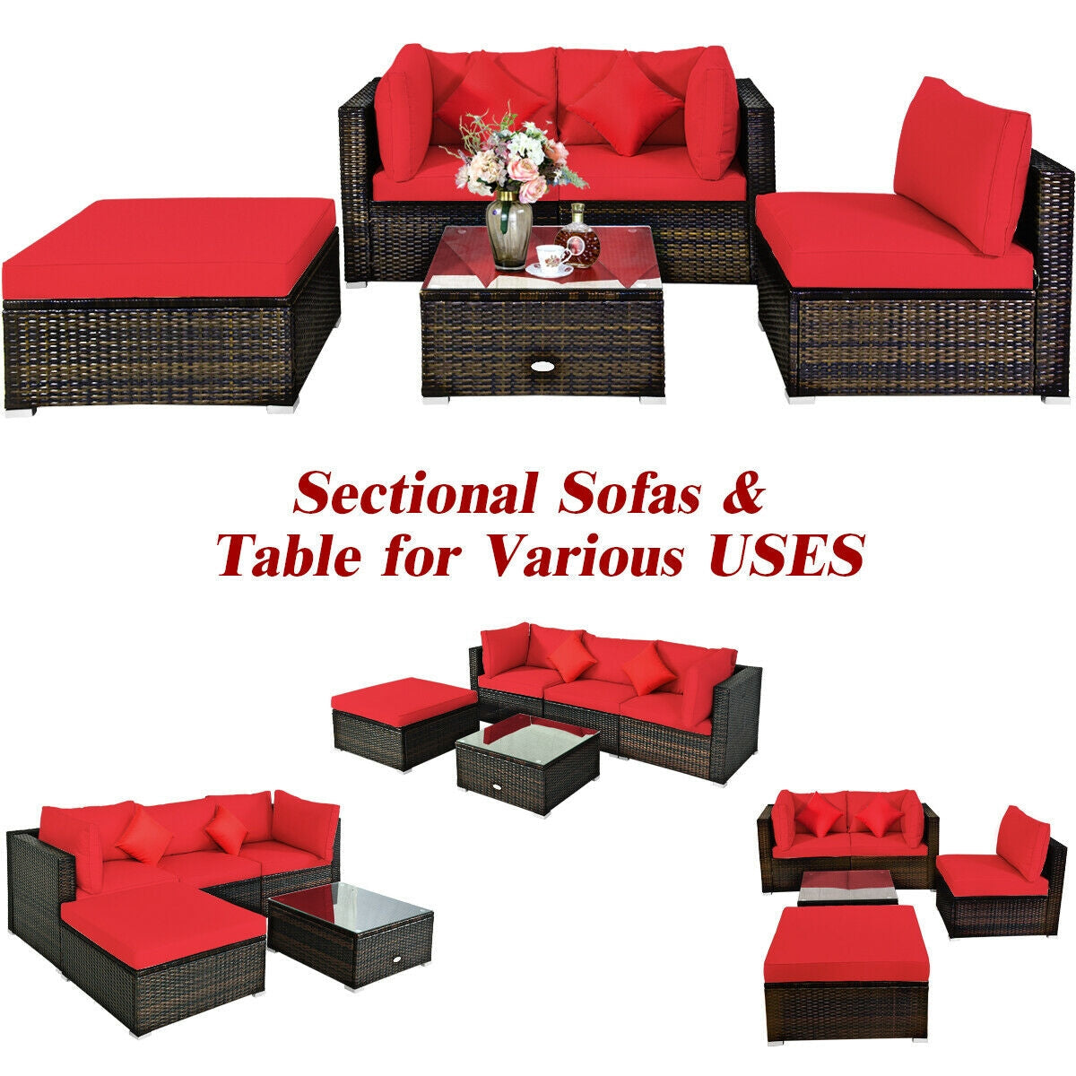 5 Pcs Outdoor Patio Rattan Furniture Set Sectional Conversation with Navy Cushions-Turquoise
