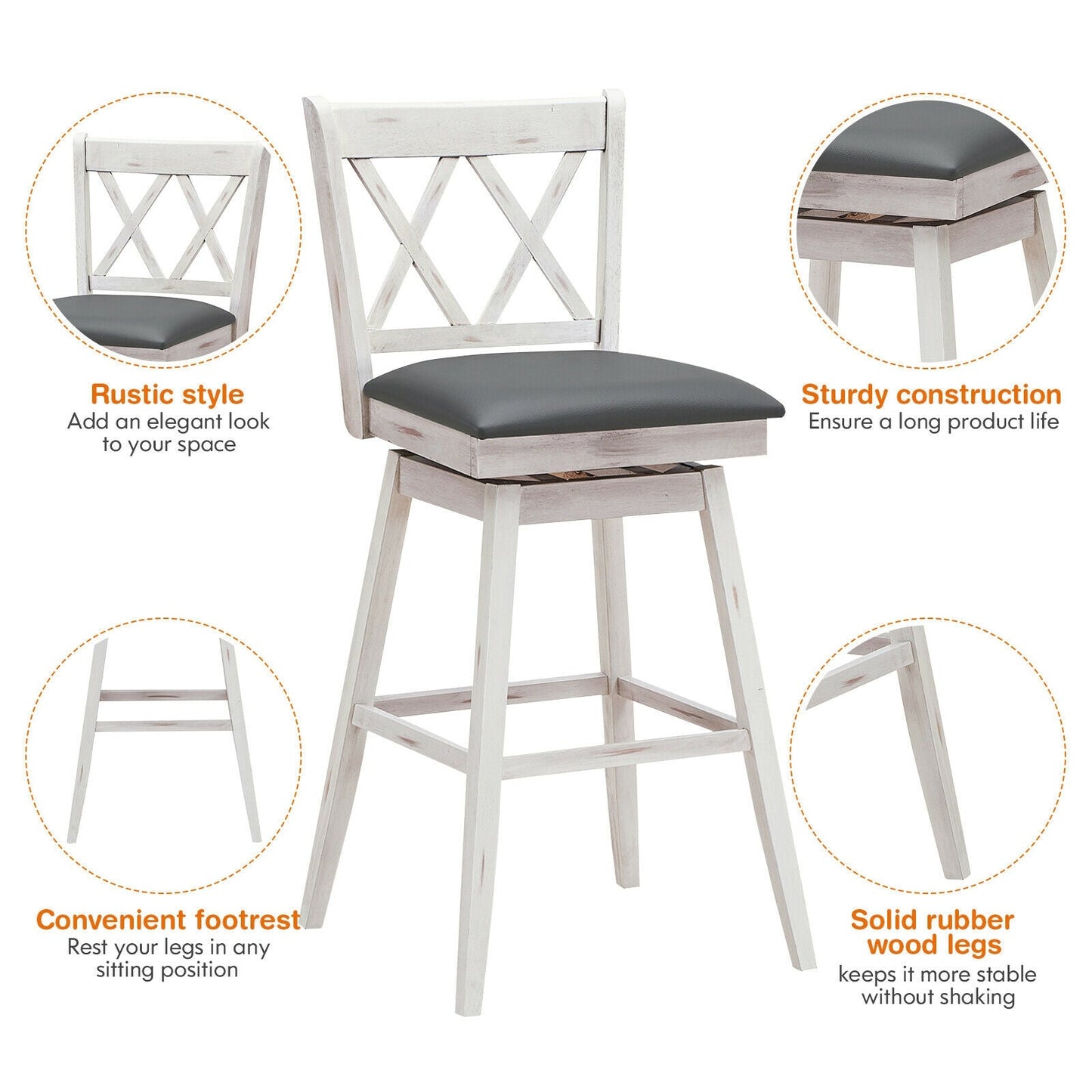 2 Pieces 29 Inches Swivel Counter Height Barstool Set with Rubber Wood Legs