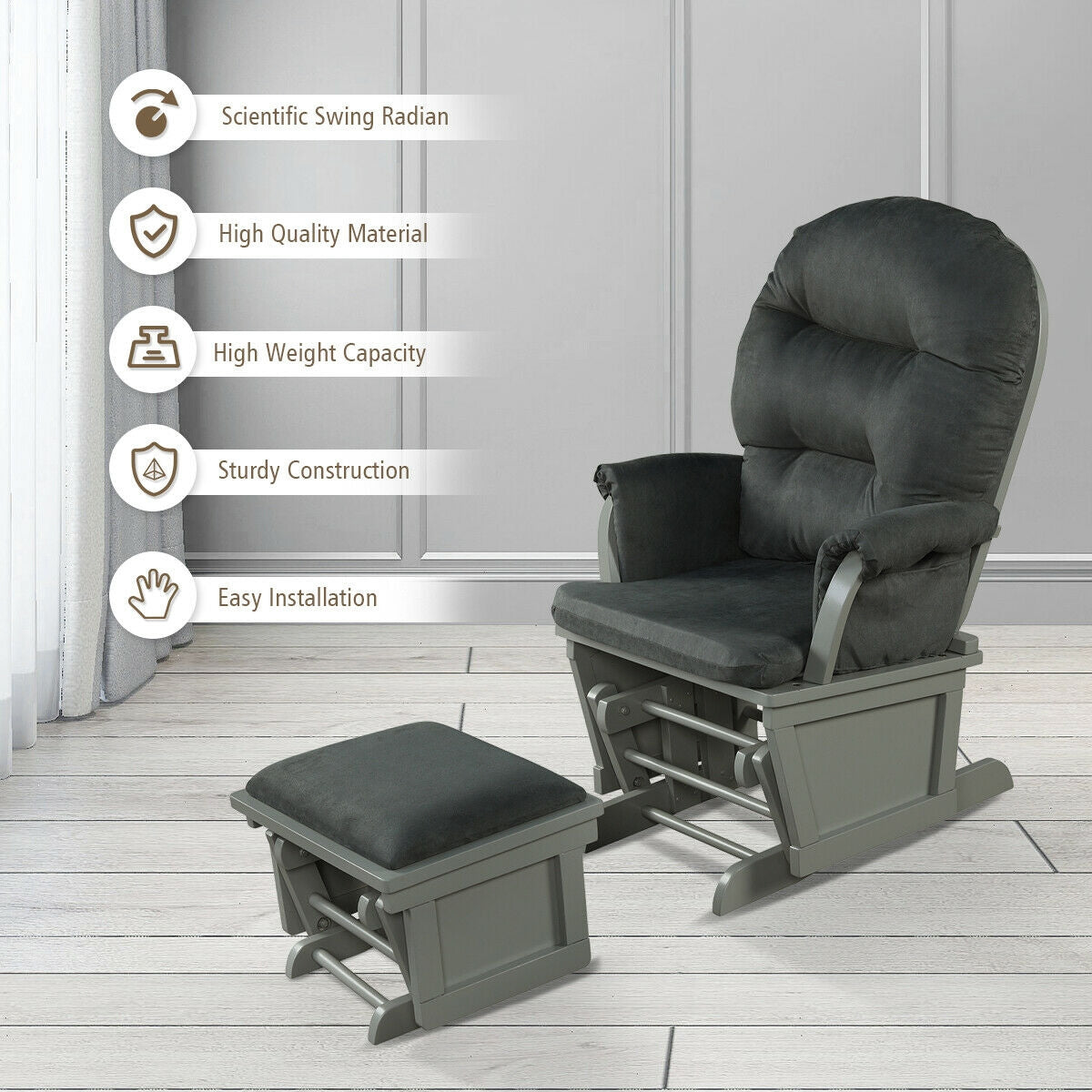 Wood Baby Glider and Ottoman Cushion Set with Padded Armrests for Nursing