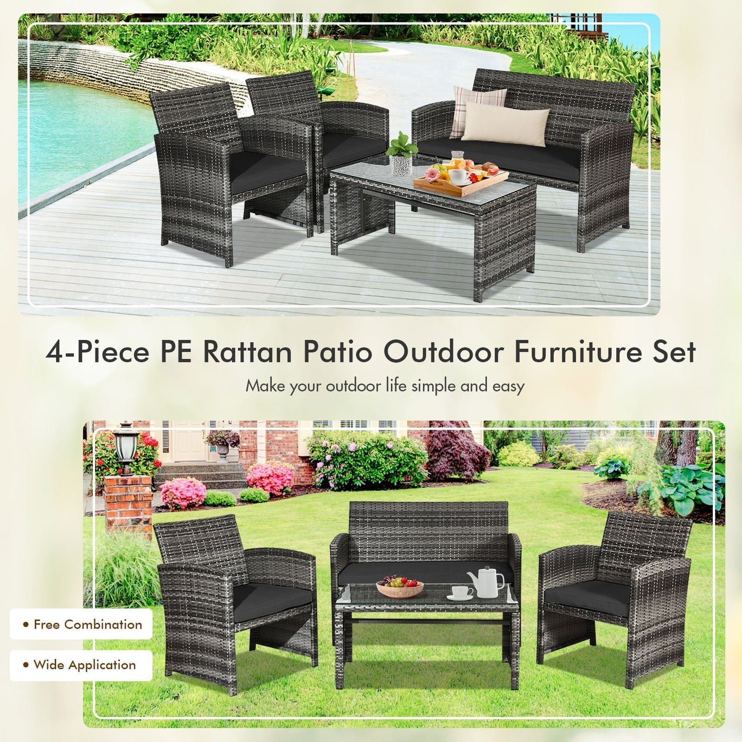 4 Pieces Patio Rattan Furniture Set with Glass Table and Loveseat-Gray
