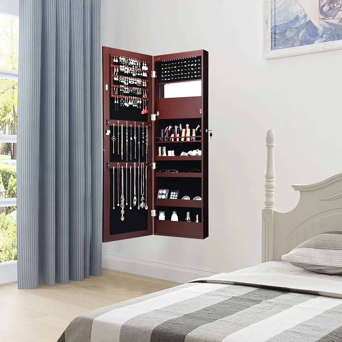 Lockable Wall Door Mounted Mirror Jewelry Cabinet w/LED Lights