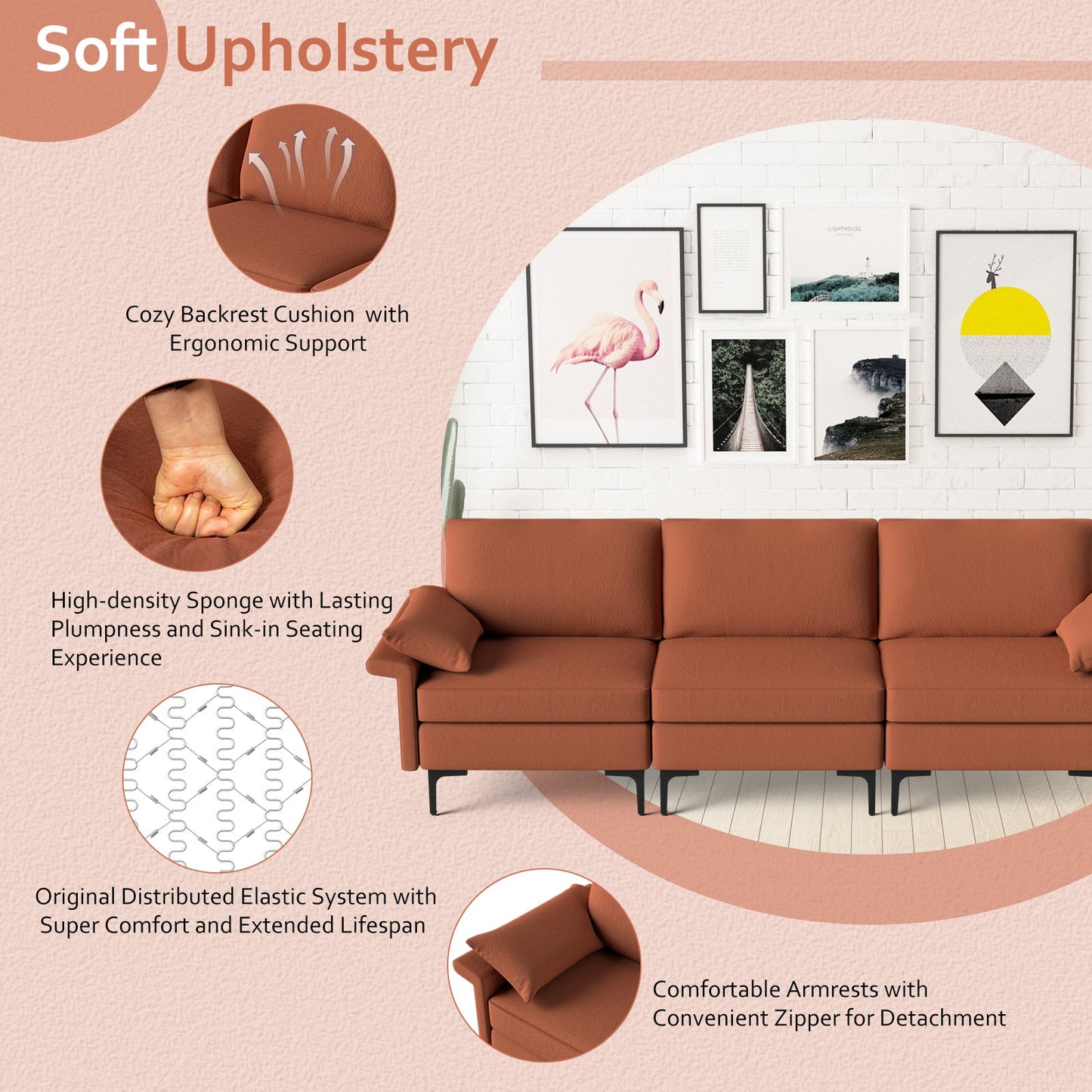 Large 3-Seat Sofa Sectional with Metal Legs and 2 USB Ports for 3-4 people
