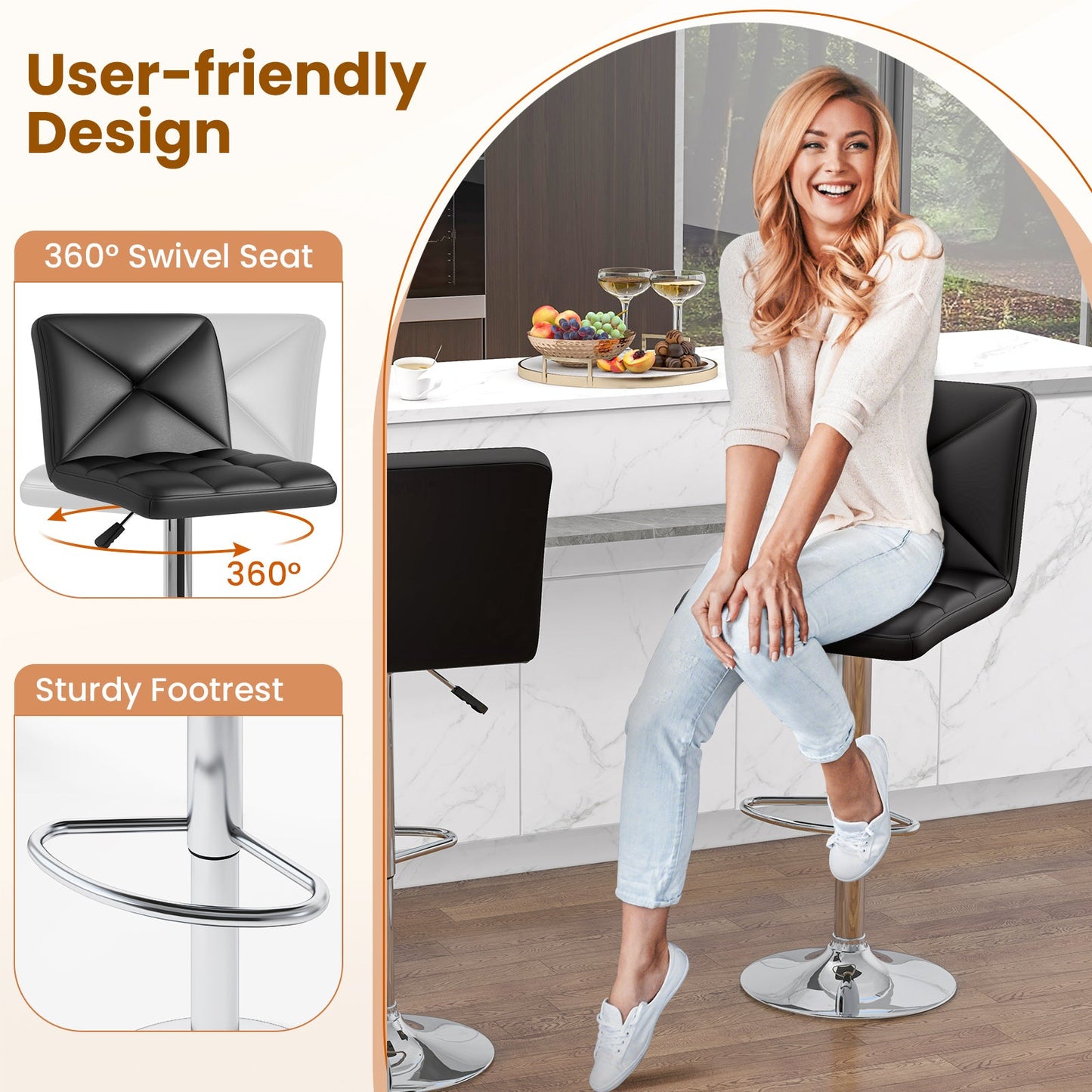 PU Leather Upholstered Bar Stools Set of 2 with Back and Adjustable Height