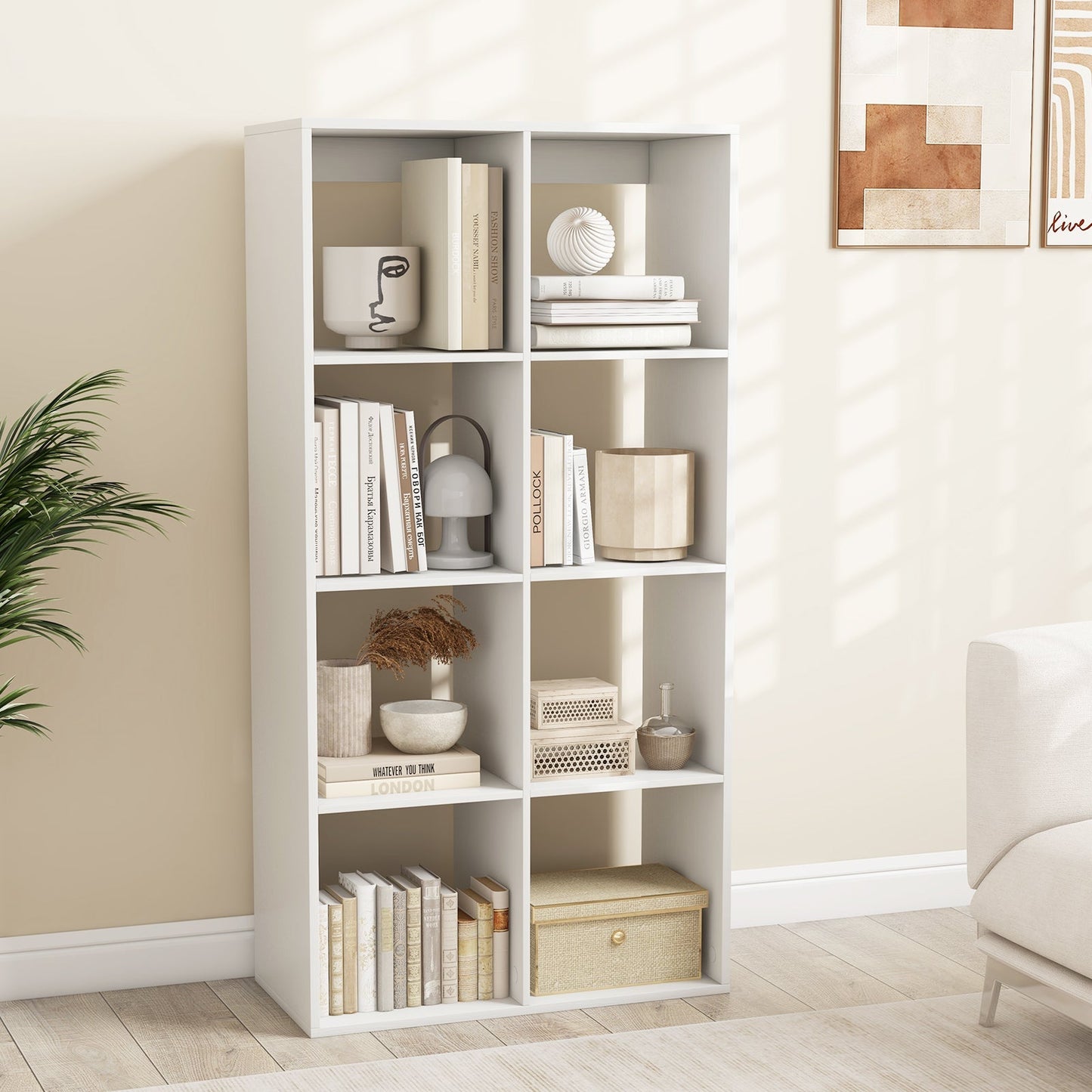 8 Cube Bookshelf with Back Guardrail for Living Room Bedroom-White