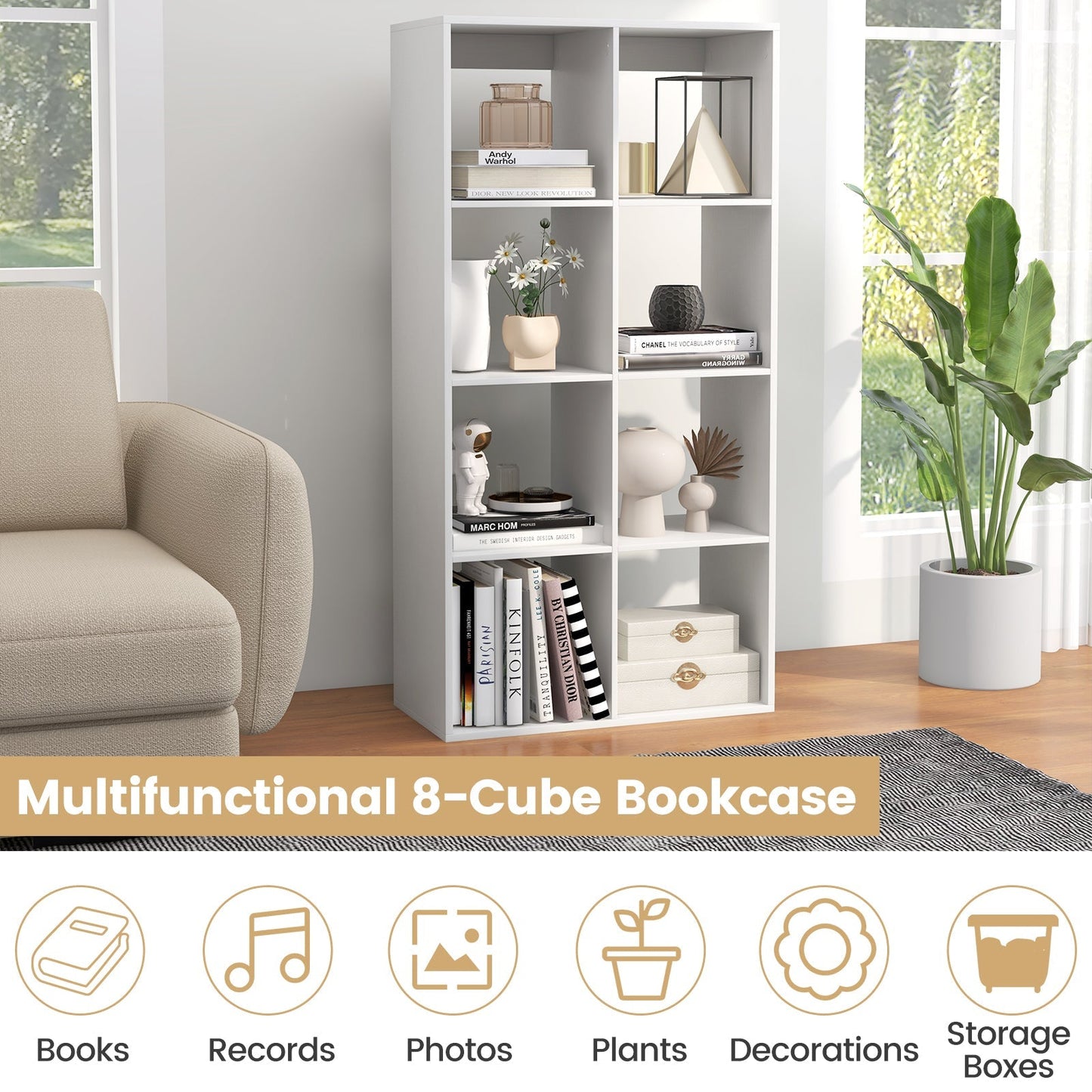 8 Cube Bookshelf with Back Guardrail for Living Room Bedroom-White