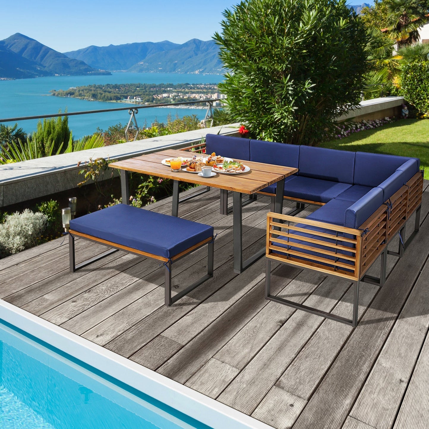 8 Pieces Patio Acacia Wood Dining Table Set with Ottoman Cushions-Navy