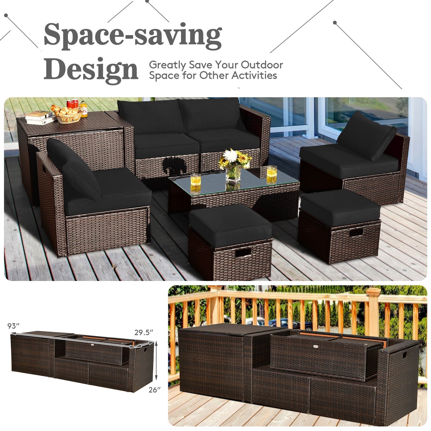 8 Pieces Patio Space-Saving Rattan Furniture Set with Storage Box and Waterproof Cover-Gray