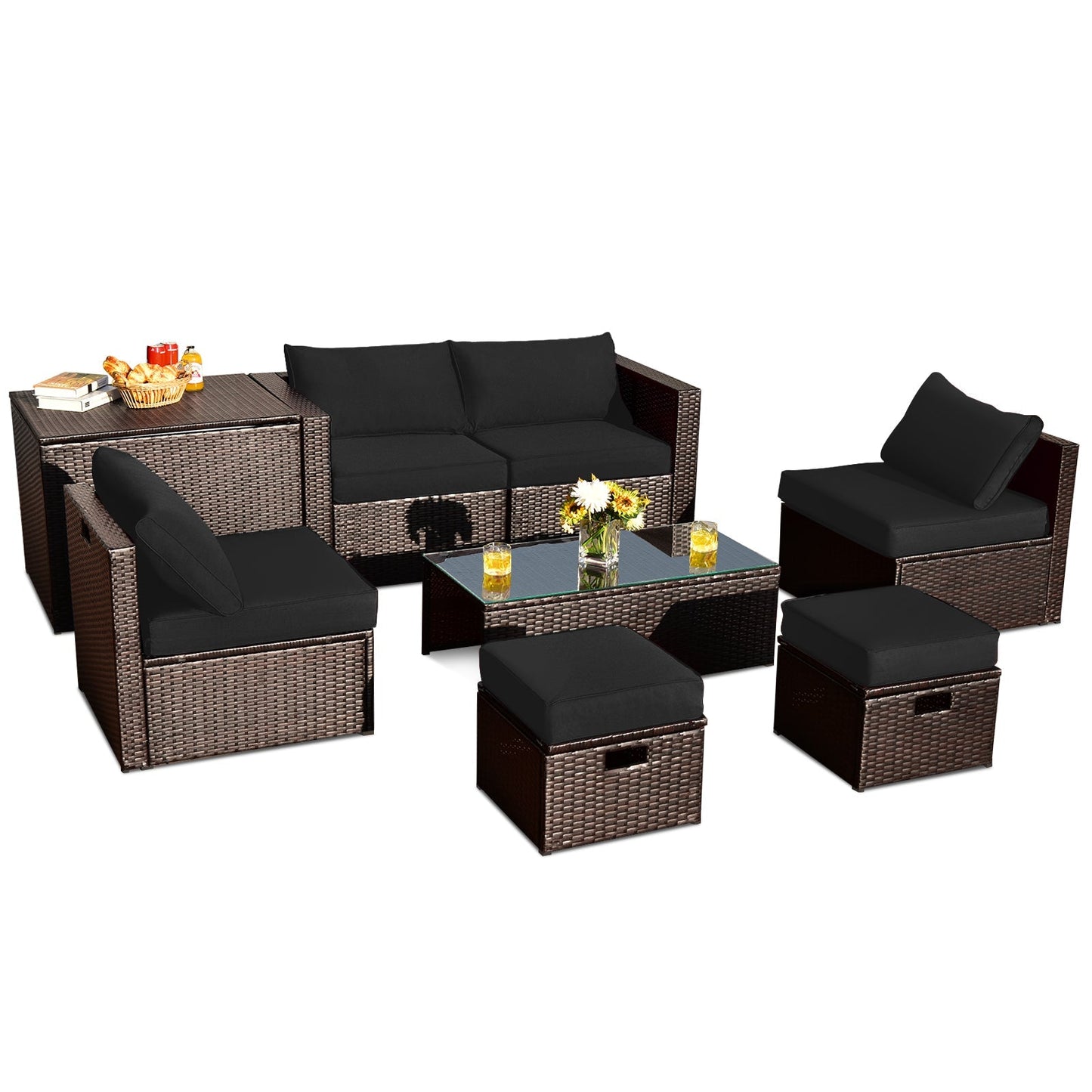8 Pieces Patio Space-Saving Rattan Furniture Set with Storage Box and Waterproof Cover-Gray