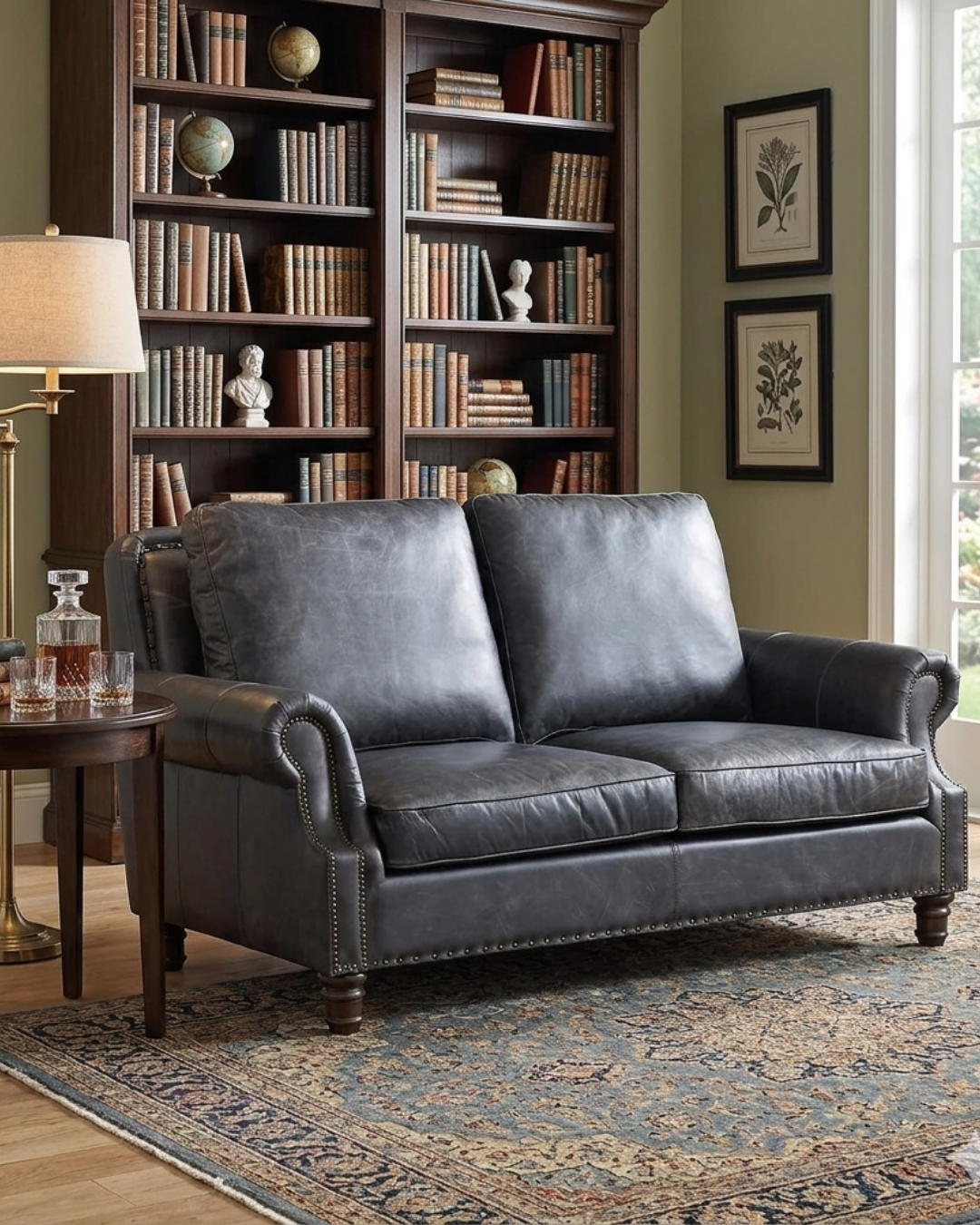 English Rolled Arm Love Seat - Slate Leather