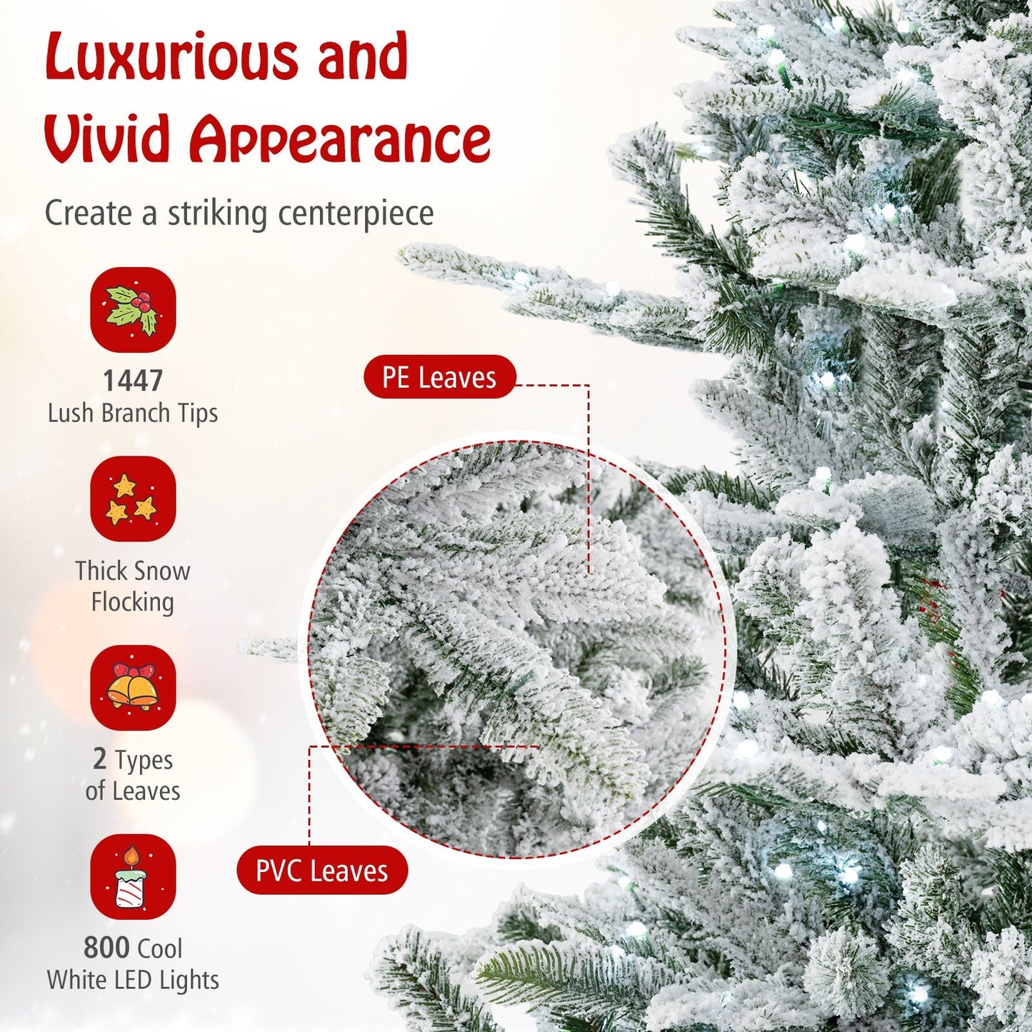 8 Feet Snow Flocked Artificial Christmas Tree with Cool White LED Lights