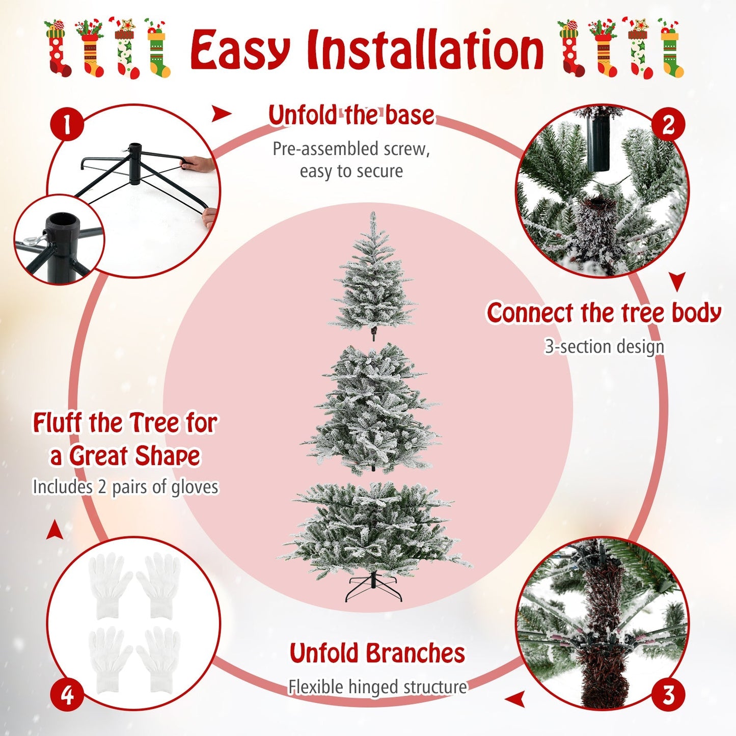 8 Feet Snow Flocked Artificial Christmas Tree with Cool White LED Lights