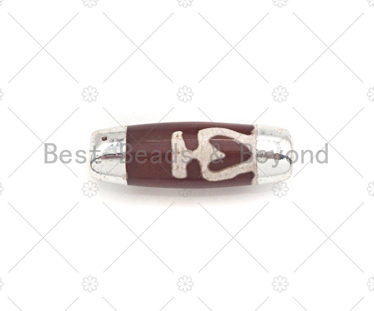 16x39mm Large Natural Tibetan Agate Barrel Shape Spacer Beads, Silver Wrap Finish, Oval Tibetan Agate Beads, sku#U962
