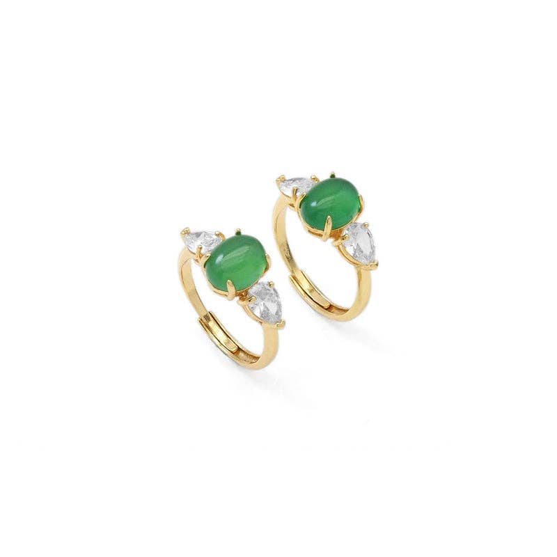 Gold Green Oval Jade CZ Adjustable Ring, Sku#LX354