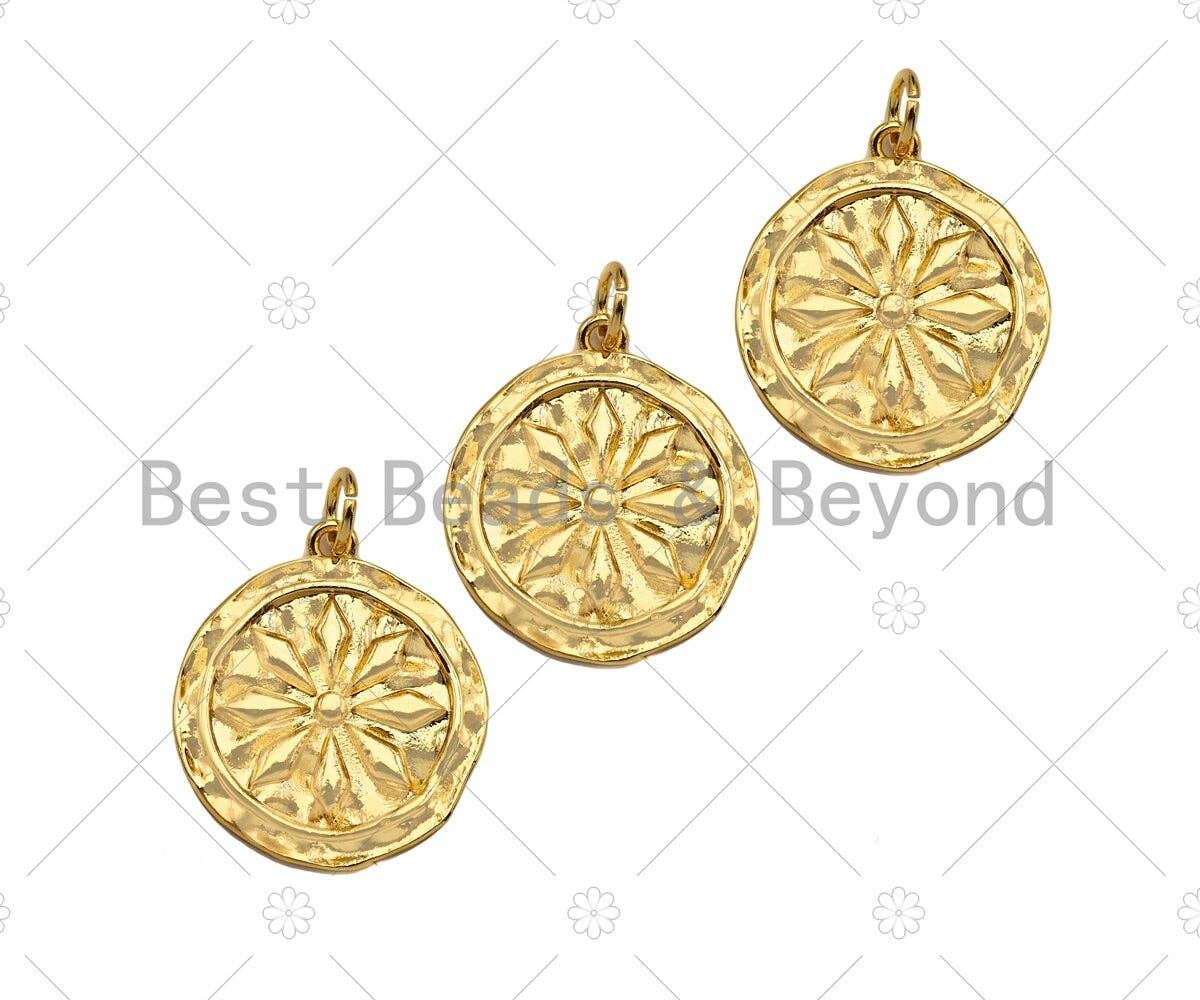 Dainty Gold Flower On Round Coin Shape Pendant/Charm,Gold Medallion Charm, Necklace Bracelet Charm Pendant,19x20mm, Sku#Z1275